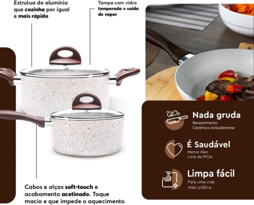 Brinox - Jogo de Panelas Antiaderente Ceramic Life 6 Peças Smart Plus - Vanilla - Imagem 4