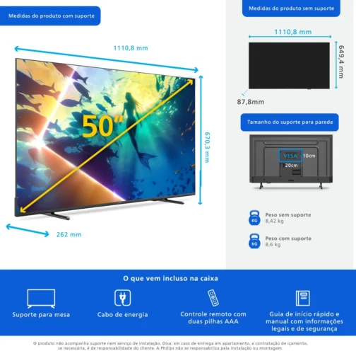 PHILIPS, Smart TV Ambilight 50" 4K, Titan OS, 50PUG8100/78, Comando de Voz, HDR10+/Dolby Atmos, VRR/ALLM, Bluetooth - Imagem 12