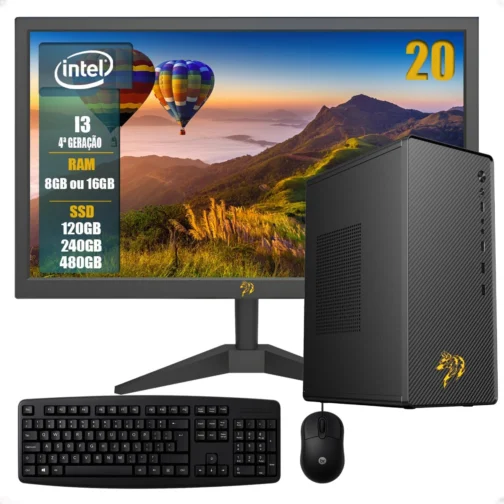 PC Completo Home Office Intel Core i3 4ª Geração Opções 8GB/16GB RAM SSD 120GB/240GB/480GB, Windows 10, Monitor LED 20,Teclado e Mouse Inclusos (120, GB, 16, GB) - Imagem 2