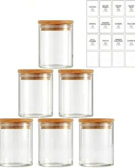 Potes Herméticos de Vidro com Tampa de Bambu – Kit 6 Unidades 200ml para Temperos, Grãos, Café e Organização de Cozinha
