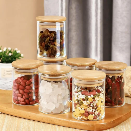 Potes Herméticos de Vidro com Tampa de Bambu - Kit 6 Unidades 200ml para Temperos, Grãos, Café e Organização de Cozinha - Imagem 5