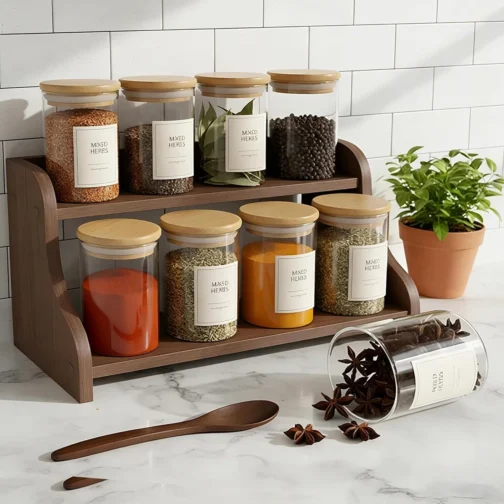 Potes Herméticos de Vidro com Tampa de Bambu - Kit 6 Unidades 200ml para Temperos, Grãos, Café e Organização de Cozinha - Imagem 6