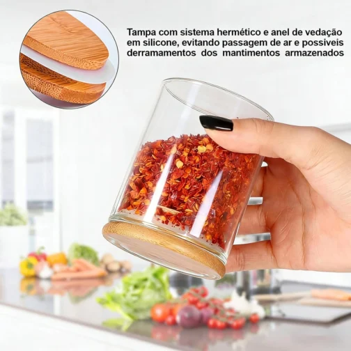 Potes Herméticos de Vidro com Tampa de Bambu - Kit 6 Unidades 200ml para Temperos, Grãos, Café e Organização de Cozinha - Imagem 8