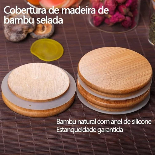 Potes Herméticos de Vidro com Tampa de Bambu - Kit 6 Unidades 200ml para Temperos, Grãos, Café e Organização de Cozinha - Imagem 9