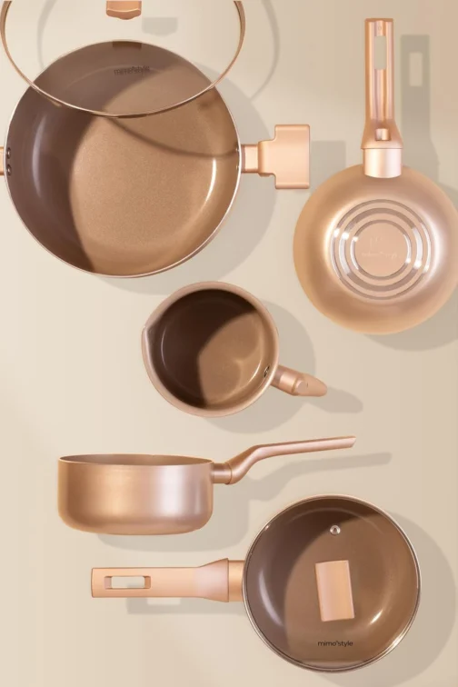 Mimo Style Conjunto 7 Panelas Sartin Cook Champanhe Estrutura em Alumínio Revestida em Cerâmica. Tampa Vidro Temperado Alças e Cabos Soft-Touch. Fogão a Gás, Elétrico e Vitrocerâmico - Imagem 5