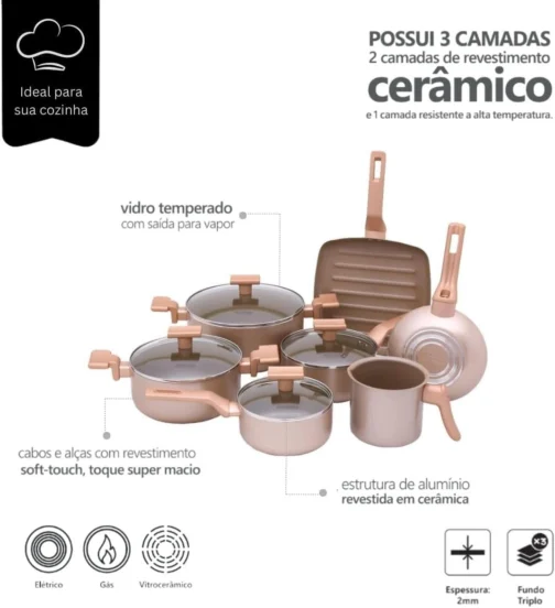 Mimo Style Conjunto 7 Panelas Sartin Cook Champanhe Estrutura em Alumínio Revestida em Cerâmica. Tampa Vidro Temperado Alças e Cabos Soft-Touch. Fogão a Gás, Elétrico e Vitrocerâmico - Imagem 6