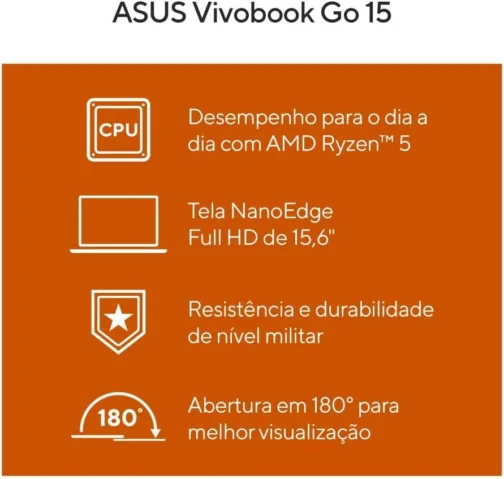 Notebook Asus Vivobook Go E1504fa Amd Ryzen 5 7520u 8gb Ram 256gb Ssd Windows 11 Tela 15,6" Fhd Black - Nj825w - Imagem 6