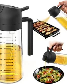 TrendPlain Pulverizador de azeite de oliva de vidro de 470 ml para cozinhar – Frasco dispensador de azeite 2 em 1 para utensílios de cozinha e acessórios de fritadeira de ar, salada, churrasco – preto