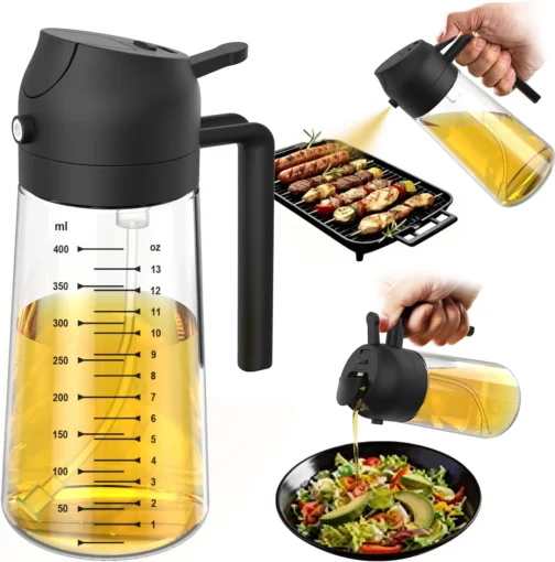 TrendPlain Pulverizador de azeite de oliva de vidro de 470 ml para cozinhar – Frasco dispensador de azeite 2 em 1 para utensílios de cozinha e acessórios de fritadeira de ar, salada, churrasco - preto - Imagem 2