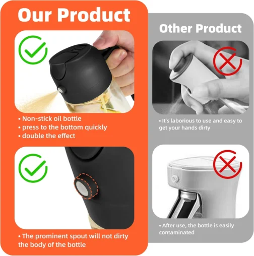 TrendPlain Pulverizador de azeite de oliva de vidro de 470 ml para cozinhar – Frasco dispensador de azeite 2 em 1 para utensílios de cozinha e acessórios de fritadeira de ar, salada, churrasco - preto - Imagem 8