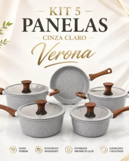 Jogo de Panelas 5 Peças Verona Revestimento Cerâmico Fogão Conjunto Antiaderente Tampa De Vidro Silicone Base Compatível Indução Cabo Textura Madeira Cinza