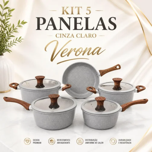 Jogo de Panelas 5 Peças Verona Revestimento Cerâmico Fogão Conjunto Antiaderente Tampa De Vidro Silicone Base Compatível Indução Cabo Textura Madeira Cinza - Imagem 2