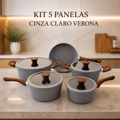 Jogo de Panelas 5 Peças Verona Revestimento Cerâmico Fogão Conjunto Antiaderente Tampa De Vidro Silicone Base Compatível Indução Cabo Textura Madeira Cinza - Imagem 3