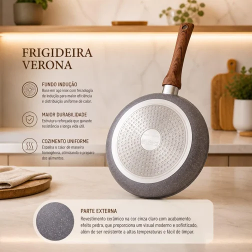 Jogo de Panelas 5 Peças Verona Revestimento Cerâmico Fogão Conjunto Antiaderente Tampa De Vidro Silicone Base Compatível Indução Cabo Textura Madeira Cinza - Imagem 4