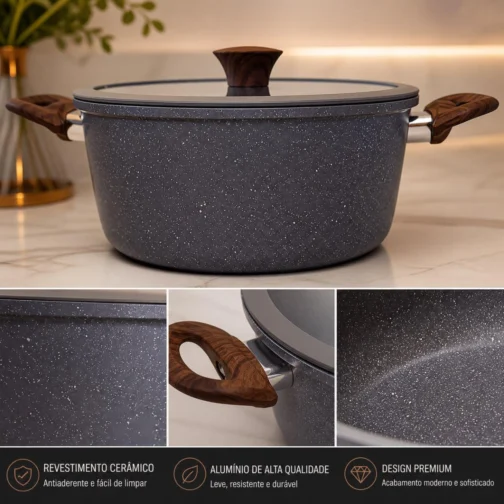 Jogo de Panelas 5 Peças Verona Revestimento Cerâmico Fogão Conjunto Antiaderente Tampa De Vidro Silicone Base Compatível Indução Cabo Textura Madeira Cinza - Imagem 5
