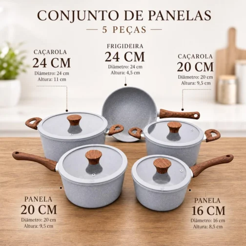 Jogo de Panelas 5 Peças Verona Revestimento Cerâmico Fogão Conjunto Antiaderente Tampa De Vidro Silicone Base Compatível Indução Cabo Textura Madeira Cinza - Imagem 6