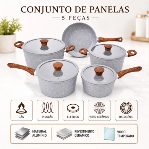 Jogo de Panelas 5 Peças Verona Revestimento Cerâmico Fogão Conjunto Antiaderente Tampa De Vidro Silicone Base Compatível Indução Cabo Textura Madeira Cinza - Imagem 7