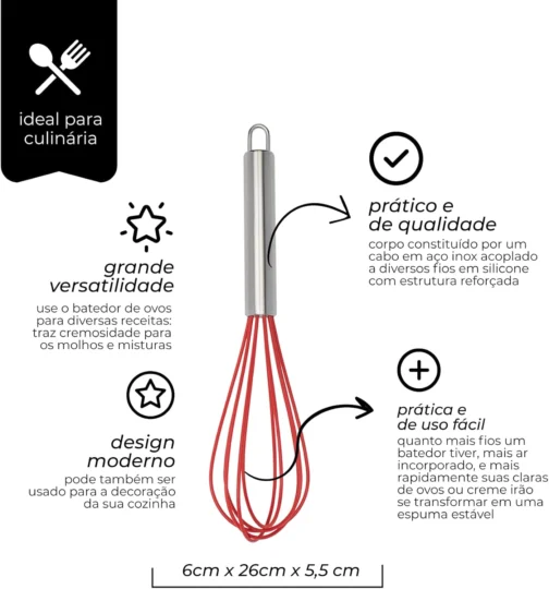 Mimo Style Batedor de Ovos e Massas Fouet, Cabeça de Silicone e Cabo em Inox de Excelente Durabilidade, Belo Design, Útil Para Diversas Receitas, Massas de Bolo, Tortas, Pães, Cremes e Claras em Neve - Imagem 3