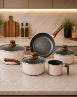 Kit Jogo De Panelas Cerâmica Antiaderente 8 Peças Premium Com Tampa De Vidro Cabo Madeira Indução Gás Elétrico Cozinha Moderna Completo Luxo Premium Durável Resistente