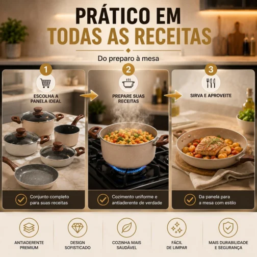 Kit Jogo De Panelas Cerâmica Antiaderente 8 Peças Premium Com Tampa De Vidro Cabo Madeira Indução Gás Elétrico Cozinha Moderna Completo Luxo Premium Durável Resistente - Imagem 5