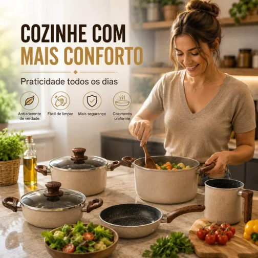 Kit Jogo De Panelas Cerâmica Antiaderente 8 Peças Premium Com Tampa De Vidro Cabo Madeira Indução Gás Elétrico Cozinha Moderna Completo Luxo Premium Durável Resistente - Imagem 6