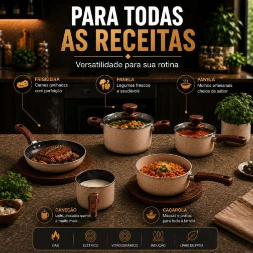 Kit Jogo De Panelas Cerâmica Antiaderente 8 Peças Premium Com Tampa De Vidro Cabo Madeira Indução Gás Elétrico Cozinha Moderna Completo Luxo Premium Durável Resistente - Imagem 7