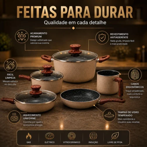 Kit Jogo De Panelas Cerâmica Antiaderente 8 Peças Premium Com Tampa De Vidro Cabo Madeira Indução Gás Elétrico Cozinha Moderna Completo Luxo Premium Durável Resistente - Imagem 8