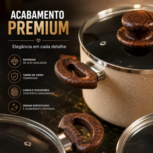 Kit Jogo De Panelas Cerâmica Antiaderente 8 Peças Premium Com Tampa De Vidro Cabo Madeira Indução Gás Elétrico Cozinha Moderna Completo Luxo Premium Durável Resistente - Imagem 9