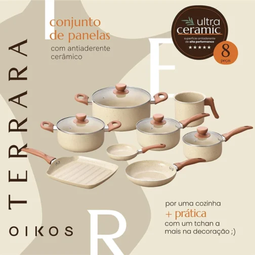 Oikos - Jogo 8 Panelas Antiaderente Cerâmico em Alumínio Bege Terrara - Imagem 3