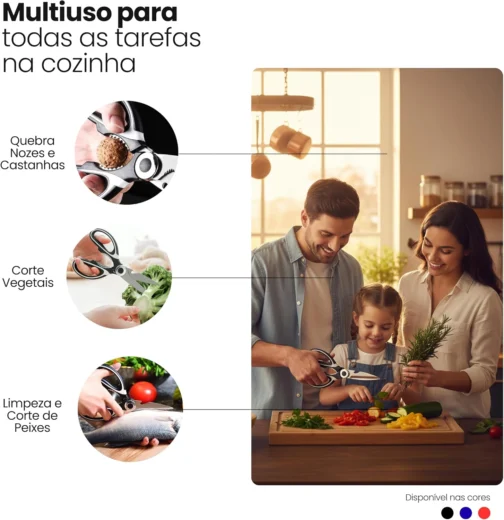 Tesoura de Cozinha Multiuso Premium Inox com Bainha Protetora Cortes Precisos Carne Frango Peixe Ervas Legumes Frutas Uso Profissional e Doméstico 21 cm - Imagem 3