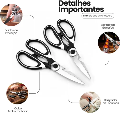 Tesoura de Cozinha Multiuso Premium Inox com Bainha Protetora Cortes Precisos Carne Frango Peixe Ervas Legumes Frutas Uso Profissional e Doméstico 21 cm - Imagem 4