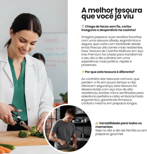 Tesoura de Cozinha Multiuso Premium Inox com Bainha Protetora Cortes Precisos Carne Frango Peixe Ervas Legumes Frutas Uso Profissional e Doméstico 21 cm - Imagem 5