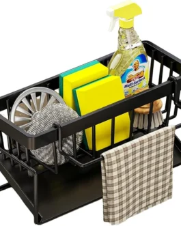 Suporte Organizador de Esponja para Pia – Aço Carbono com Bandeja e Porta-Pano, Preto, Antiferrugem, Sem Furo, Cozinha (Preto)