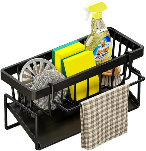Suporte Organizador de Esponja para Pia – Aço Carbono com Bandeja e Porta-Pano, Preto, Antiferrugem, Sem Furo, Cozinha (Preto) - Imagem 2