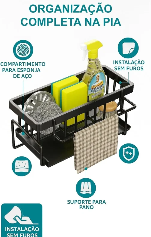 Suporte Organizador de Esponja para Pia – Aço Carbono com Bandeja e Porta-Pano, Preto, Antiferrugem, Sem Furo, Cozinha (Preto) - Imagem 3