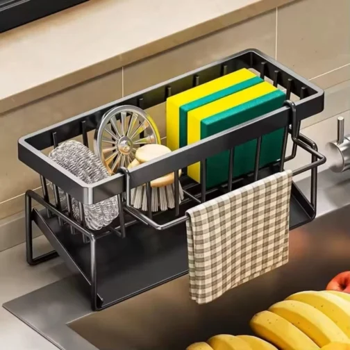 Suporte Organizador de Esponja para Pia – Aço Carbono com Bandeja e Porta-Pano, Preto, Antiferrugem, Sem Furo, Cozinha (Preto) - Imagem 5
