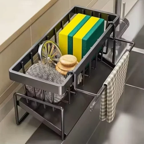 Suporte Organizador de Esponja para Pia – Aço Carbono com Bandeja e Porta-Pano, Preto, Antiferrugem, Sem Furo, Cozinha (Preto) - Imagem 6