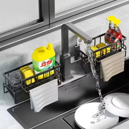 Suporte Organizador de Esponja para Pia – Aço Carbono com Bandeja e Porta-Pano, Preto, Antiferrugem, Sem Furo, Cozinha (Preto) - Imagem 7