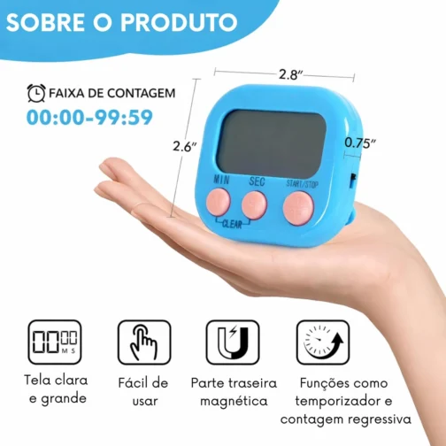Timer Cronometro Digital de Cozinha com Ímã com Alarme e tela grande - cores sortidas: rosa, branco, amarelo e azul - Imagem 3