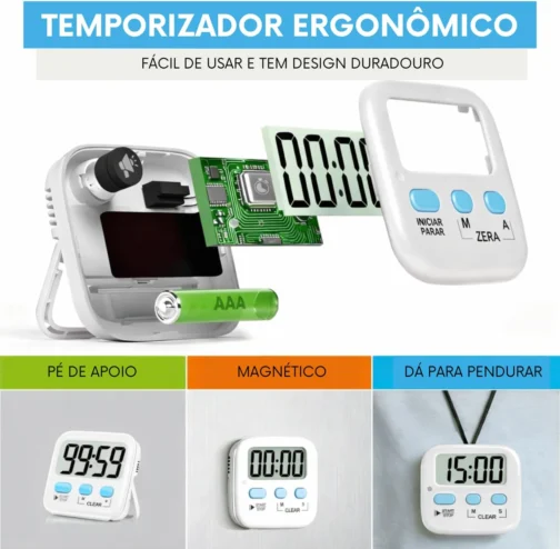 Timer Cronometro Digital de Cozinha com Ímã com Alarme e tela grande - cores sortidas: rosa, branco, amarelo e azul - Imagem 4