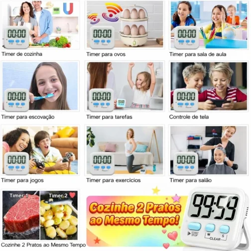 Timer Cronometro Digital de Cozinha com Ímã com Alarme e tela grande - cores sortidas: rosa, branco, amarelo e azul - Imagem 6