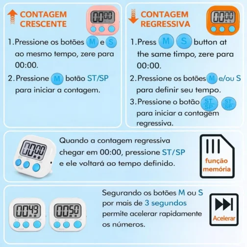 Timer Cronometro Digital de Cozinha com Ímã com Alarme e tela grande - cores sortidas: rosa, branco, amarelo e azul - Imagem 7