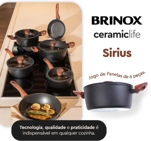 Brinox - Jogo de Panelas Revestimento Cerâmico Antiaderente Ceramic Life Sirius 6 Peças com Fundo de Indução - Preto - Imagem 3