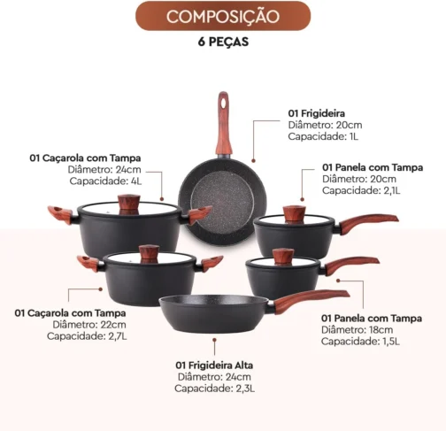 Brinox - Jogo de Panelas Revestimento Cerâmico Antiaderente Ceramic Life Sirius 6 Peças com Fundo de Indução - Preto - Imagem 5