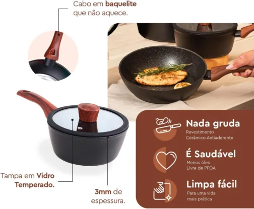 Brinox - Jogo de Panelas Revestimento Cerâmico Antiaderente Ceramic Life Sirius 6 Peças com Fundo de Indução - Preto - Imagem 6