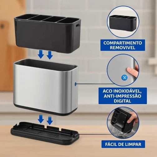 Escorredor Porta Talheres Aço Inox 4 Divisórias com Sistema de Drenagem Design Moderno Organizador de Utensílios de Cozinha Pia - Imagem 5