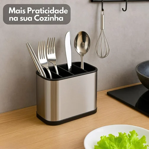 Escorredor Porta Talheres Aço Inox 4 Divisórias com Sistema de Drenagem Design Moderno Organizador de Utensílios de Cozinha Pia - Imagem 6