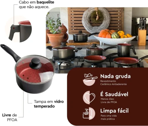 Brinox - Jogo de Panelas Antiaderente Ceramic Life 6 Peças Easy - Carbono - Imagem 8