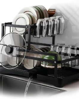 Escorredor de Louça em Aço Carbono Preto com Bandeja de Drenagem, Suporte para Copos, Talheres e Tábuas – Compacto, Resistente, Antiferrugem – Organizador de Pia Cozinha Moderna
