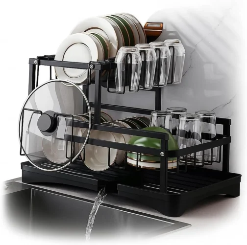 Escorredor de Louça em Aço Carbono Preto com Bandeja de Drenagem, Suporte para Copos, Talheres e Tábuas – Compacto, Resistente, Antiferrugem – Organizador de Pia Cozinha Moderna - Imagem 2